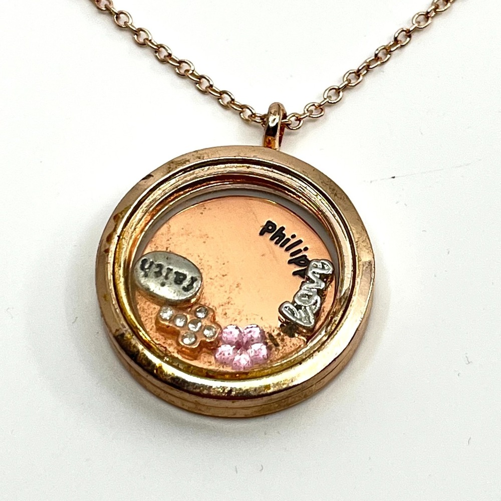 VTG Y2K Rose Gold‎ Floating Charm Locket Necklace Philippians 4:13 Faith Cross